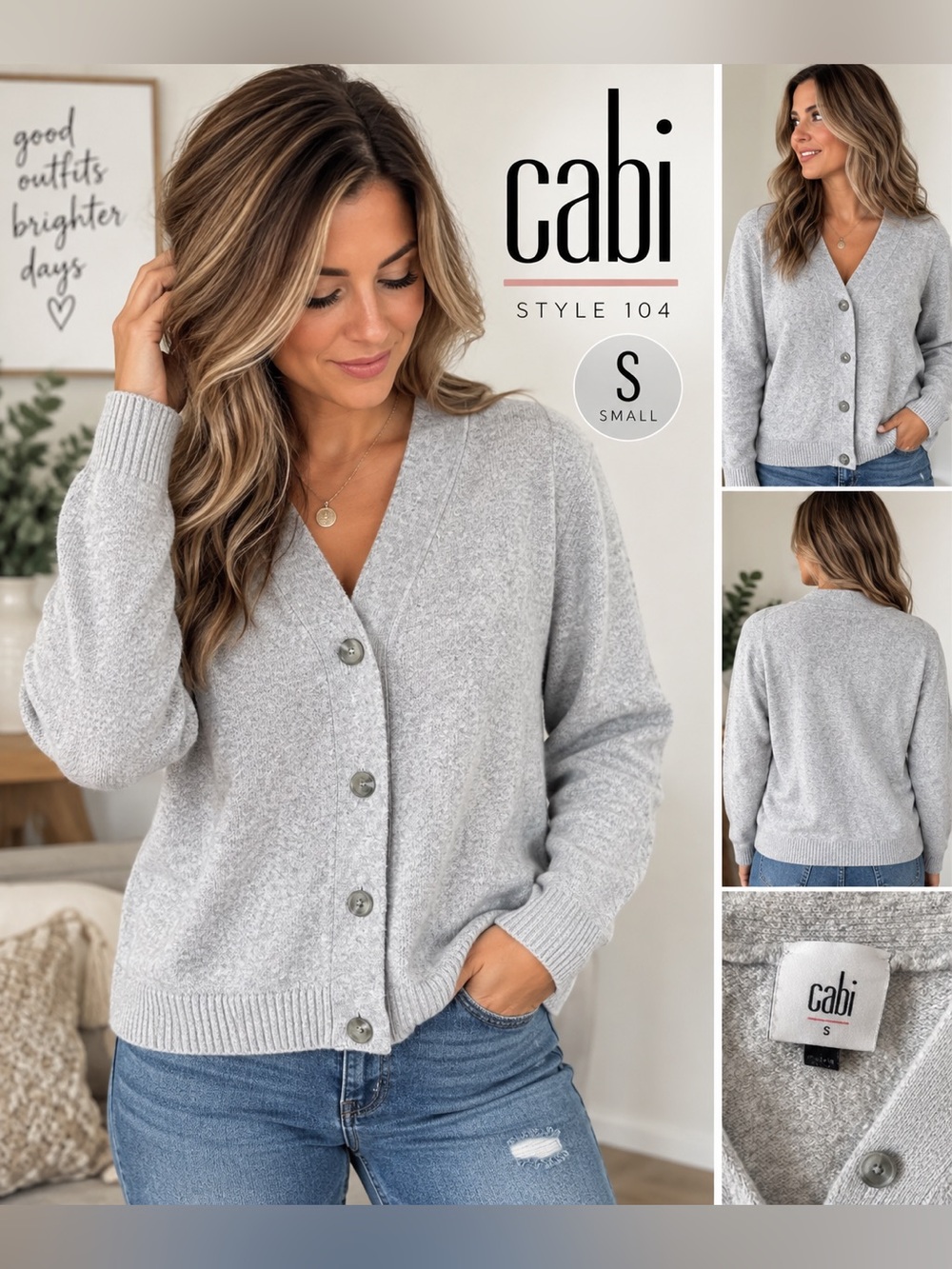 Cabi Light Gray V-Neck Button Cardigan Sweater size Small